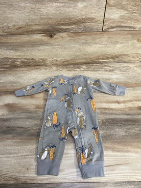 Front view of grey baby jumpsuit size 3M showcasing bunny and carrot print, center front zipper, laid on wood floor