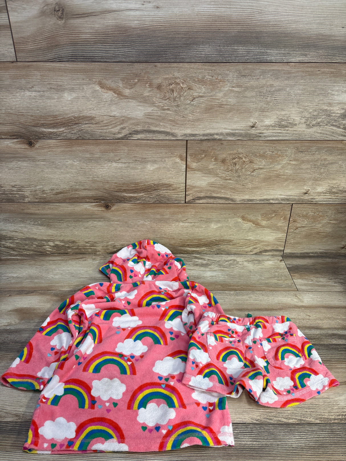 Mini Boden 2pc Rainbow Print Terry Swim Cover-Up & Shorts Set Pink sz 3-4T