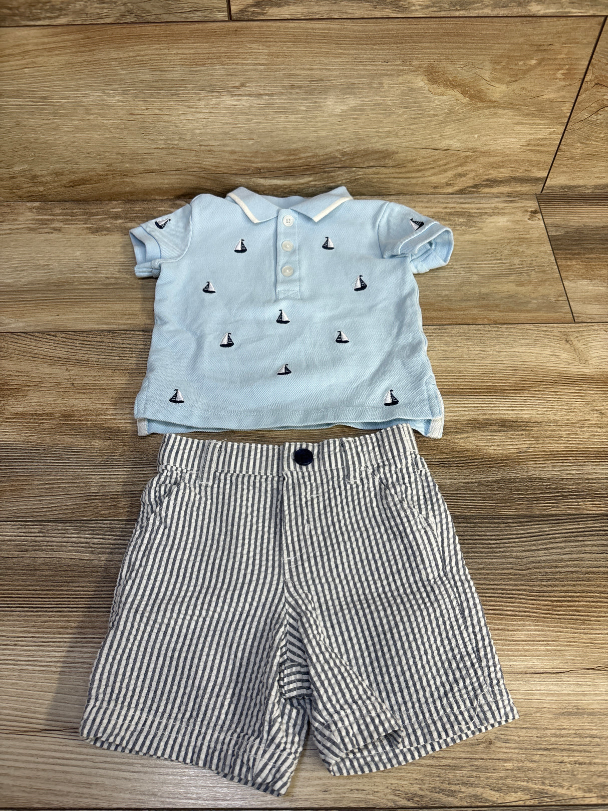 Little Me 2pc Embroidered Polo Shirt & Seersucker Shorts Set Blue sz 12m