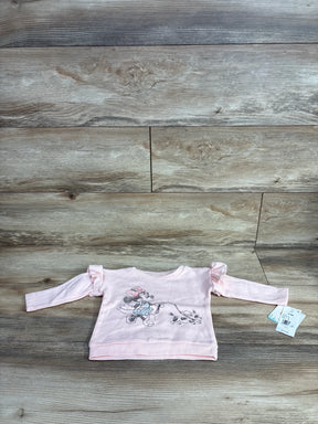 Pink long sleeve toddler shirt with cartoon mouse print and ruffle shoulders, new with tags