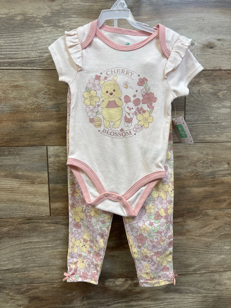 Front view of pink Disney Baby Winnie the Pooh bodysuit set with ruffled sleeves, floral pants, and Cherry Blossom graphic