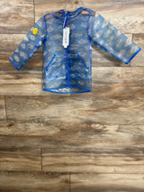 Blue kids raincoat with cloud and lightning print, hanging on a wooden background