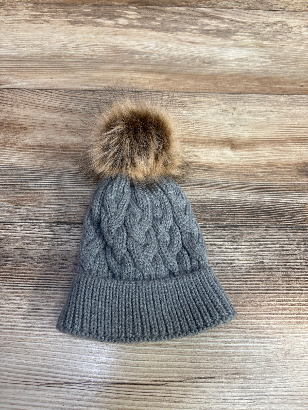Chunky Knit Pom Pom Foldover Hat Grey