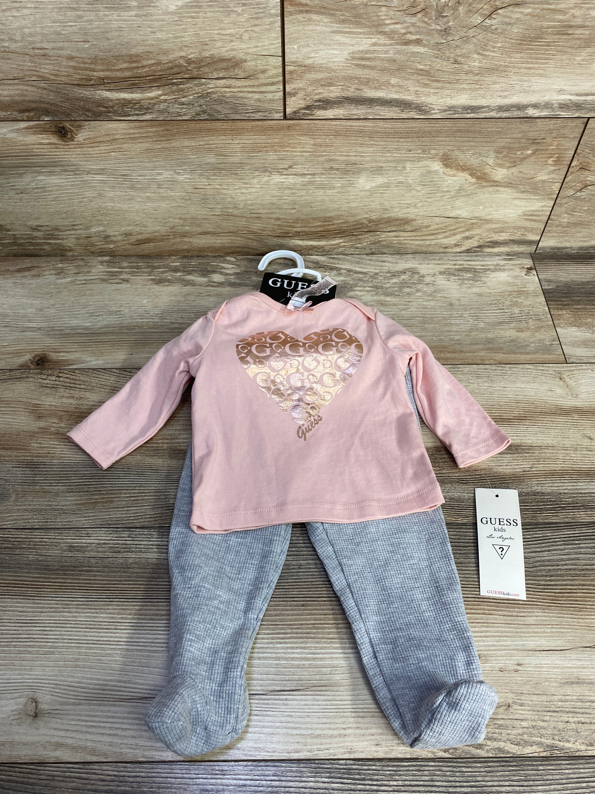 NEW 3pc Guess Heart Shirt & Waffle Knit Leggings Pink sz 6-9m