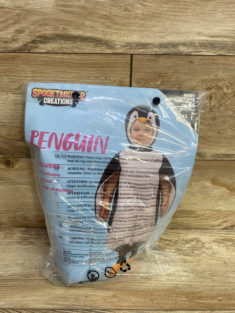 Penguin baby costume for 18-24 months, includes hood and booties, packaged in Spooktacular Creations