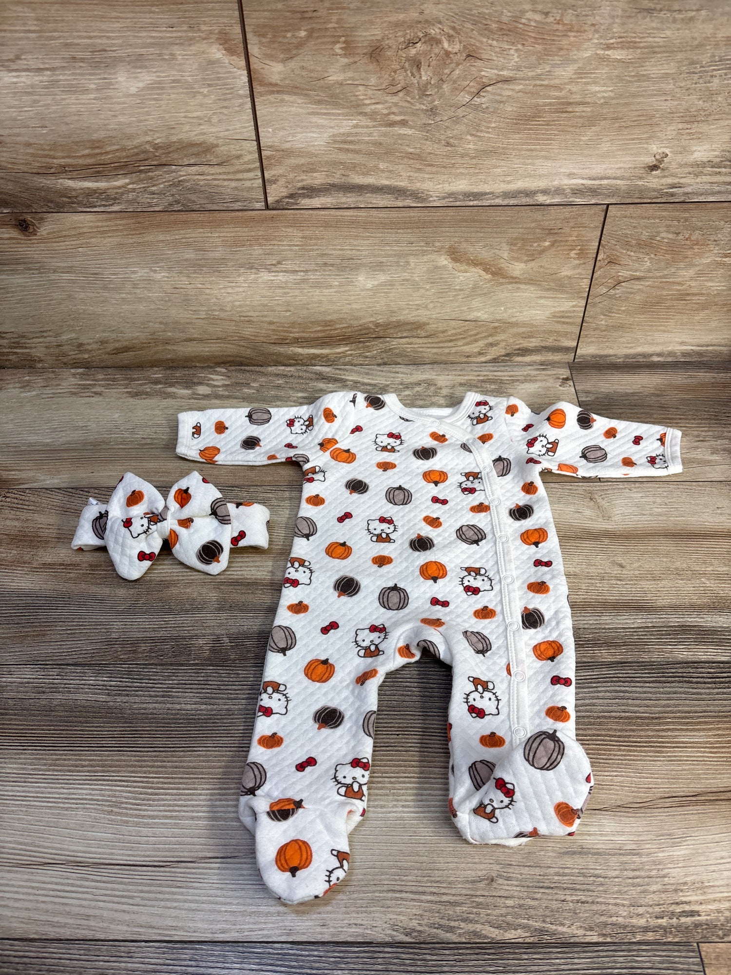 Hello Kitty 2pc Pumpkin Textured Sleeper & Headband Set White sz 3m