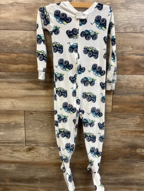 Front view of Just One You white blanket sleeper, size 3T, with monster truck print, front zipper, and footed legs