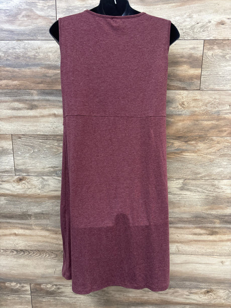 Front view of maroon sleeveless nursing dress, size XL, showcasing its straight silhouette with a wood plank background