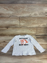 Gray kids long sleeve shirt with 'Nothing But Net' shark graphic, laid on wood floor