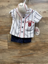 Little Ricky's 3pc baby set with white pinstripe captain jersey, navy shorts, and plush baseball.