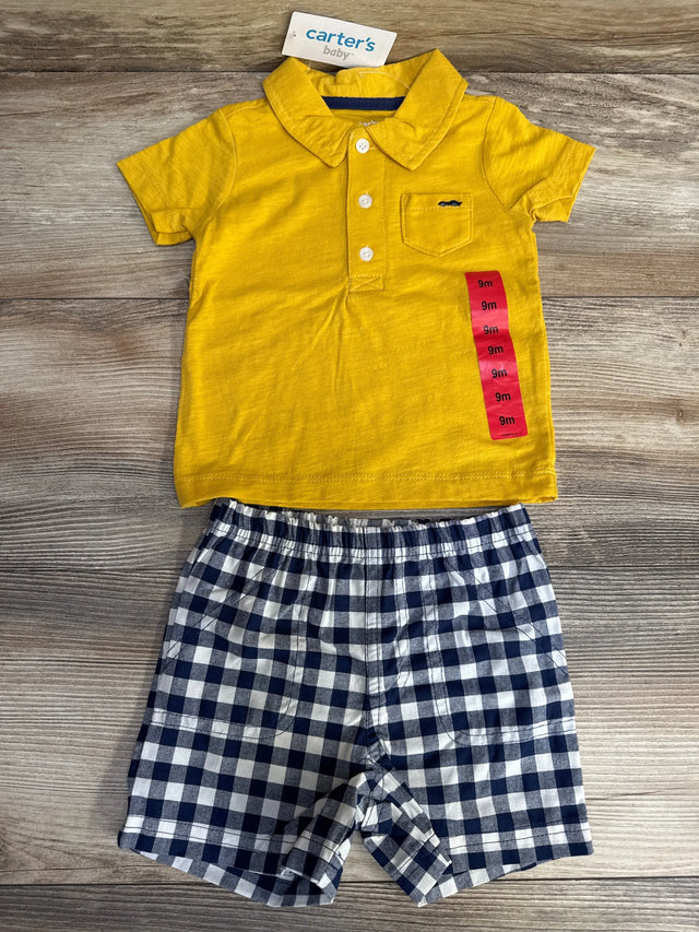 Flat lay of Carter's baby polo and shorts showing yellow polo with pocket and navy gingham shorts on wood background