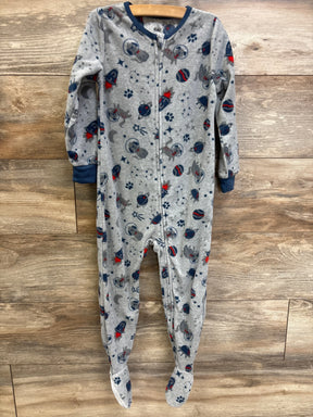 Gray footed baby sleeper with space-themed animal print, long sleeves, zipper front