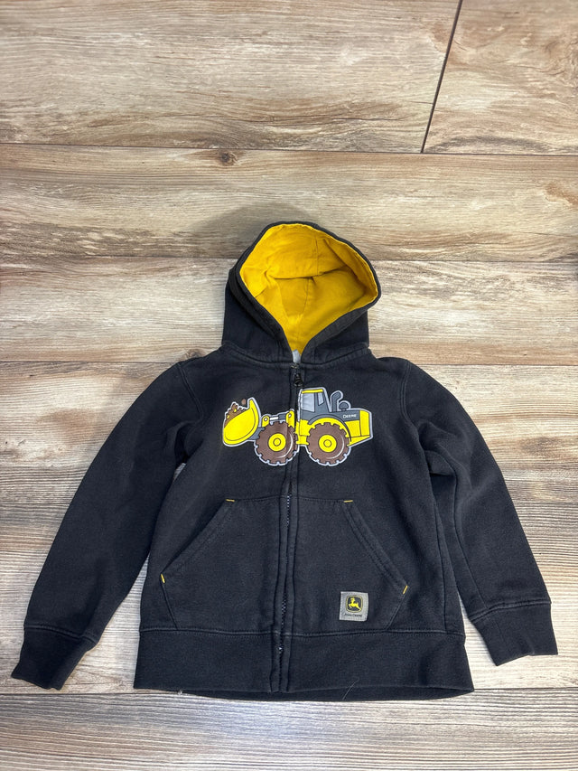 Black kids zip hoodie with yellow construction truck graphic and yellow hood lining