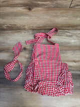 2pc Checkered Ruffle Romper + Headwrap Red sz 18-24m