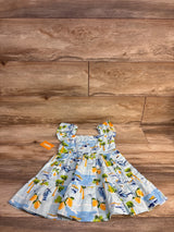 Gymboree baby girl summer dress with palm trees, oranges, and beach print on light blue fabric