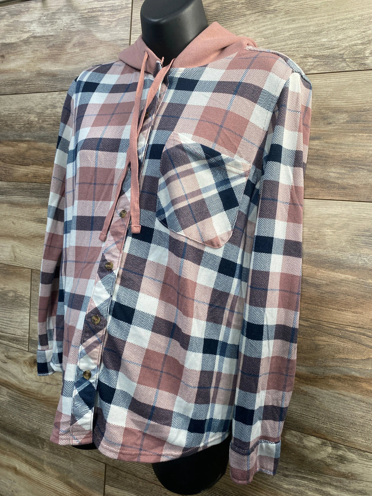 Eden & Olive Hooded Plaid Shirt Pink/Blue sz Large