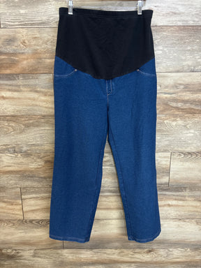 Front view of Time and Tru maternity jeans showing black belly panel and straight leg blue denim on wood background