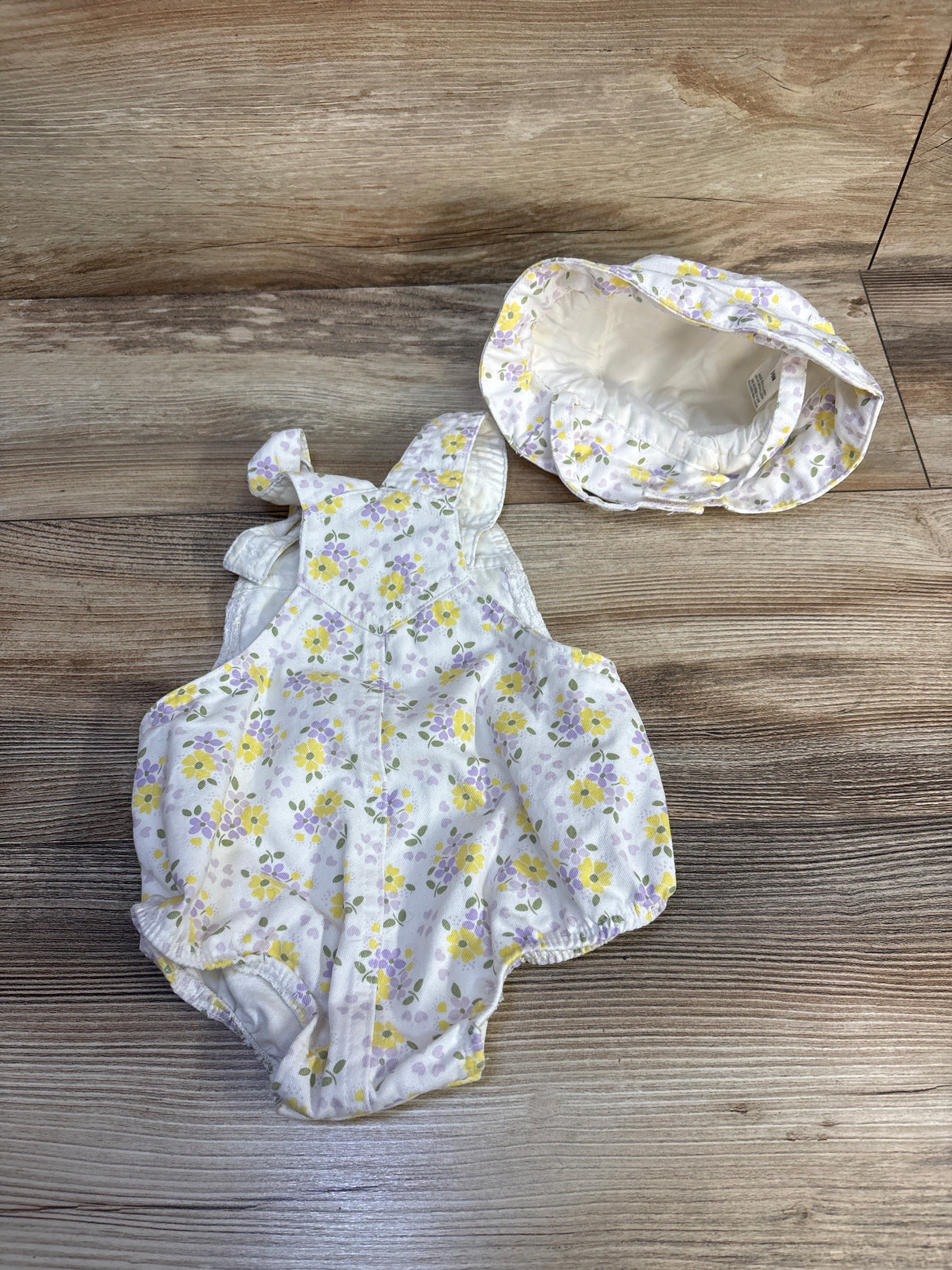 Little Lass 2pc Floral Bubble Shortalls & Bucket Hat Set White sz 3/6m