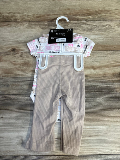 bebe baby 4-piece set with bodysuit, pants, bib & headband for 3-6 months, pink print, ribbed beige pants