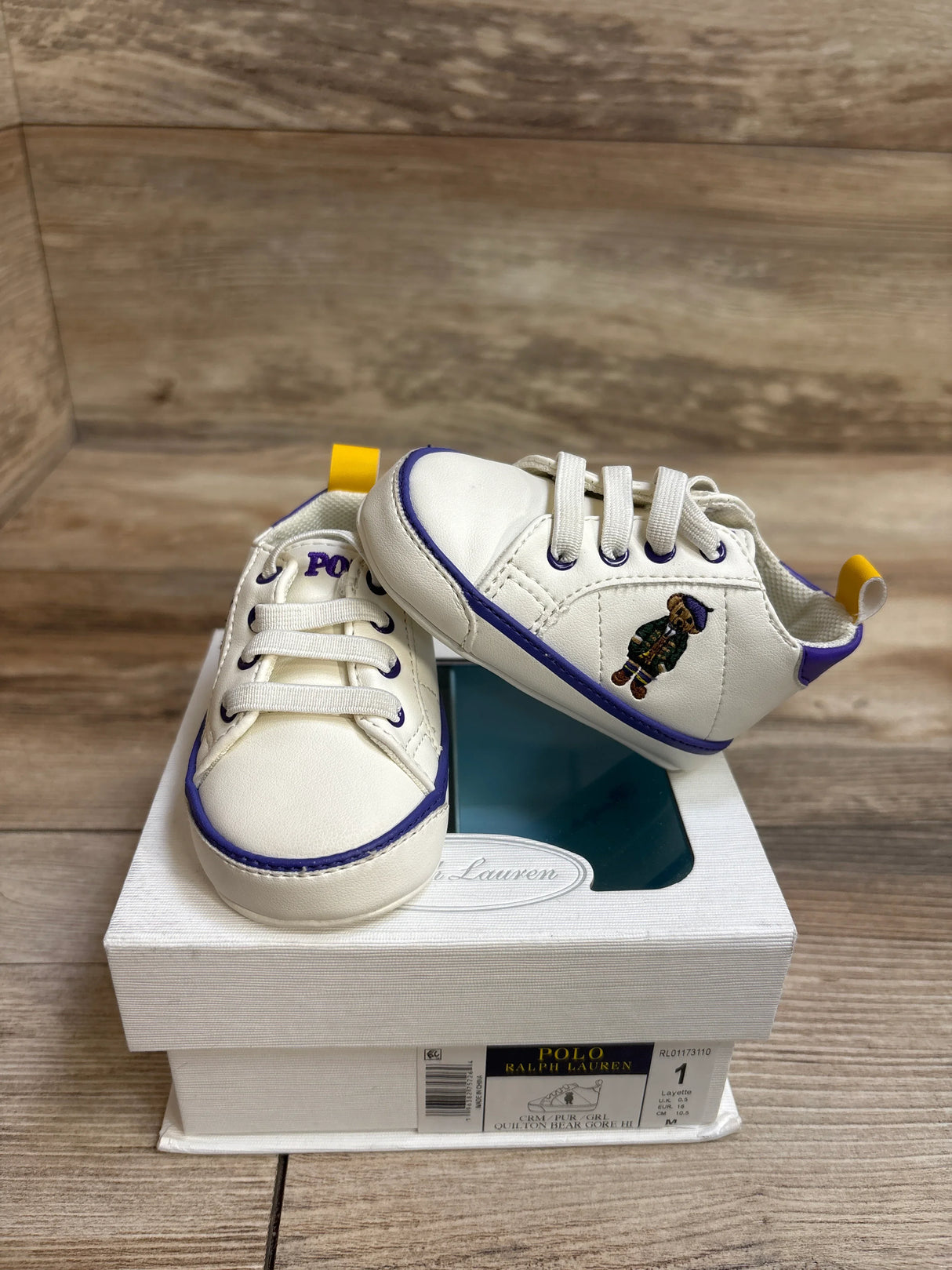 Ralph Lauren Quilton Bear Gore Hi Crib Booties White sz 1c