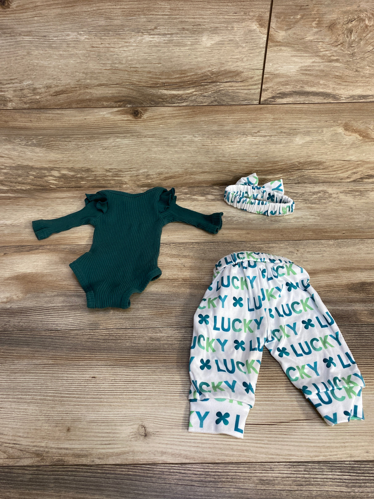 3pc Ribbed Bodysuit + Pants + Headband Green sz 0-3m