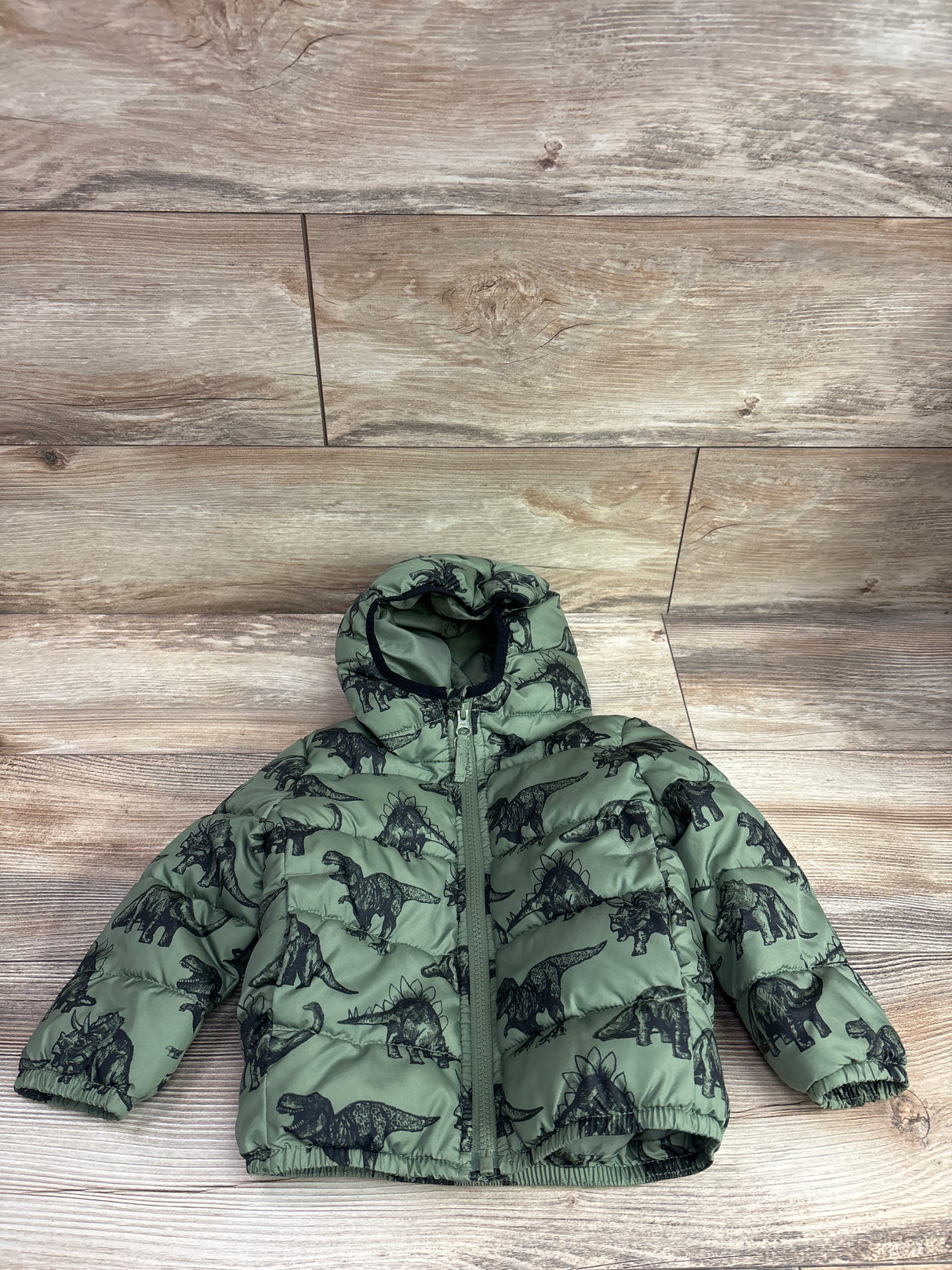 Children's Place Dinosaur Print Puffer Jacket Green sz 18-24m