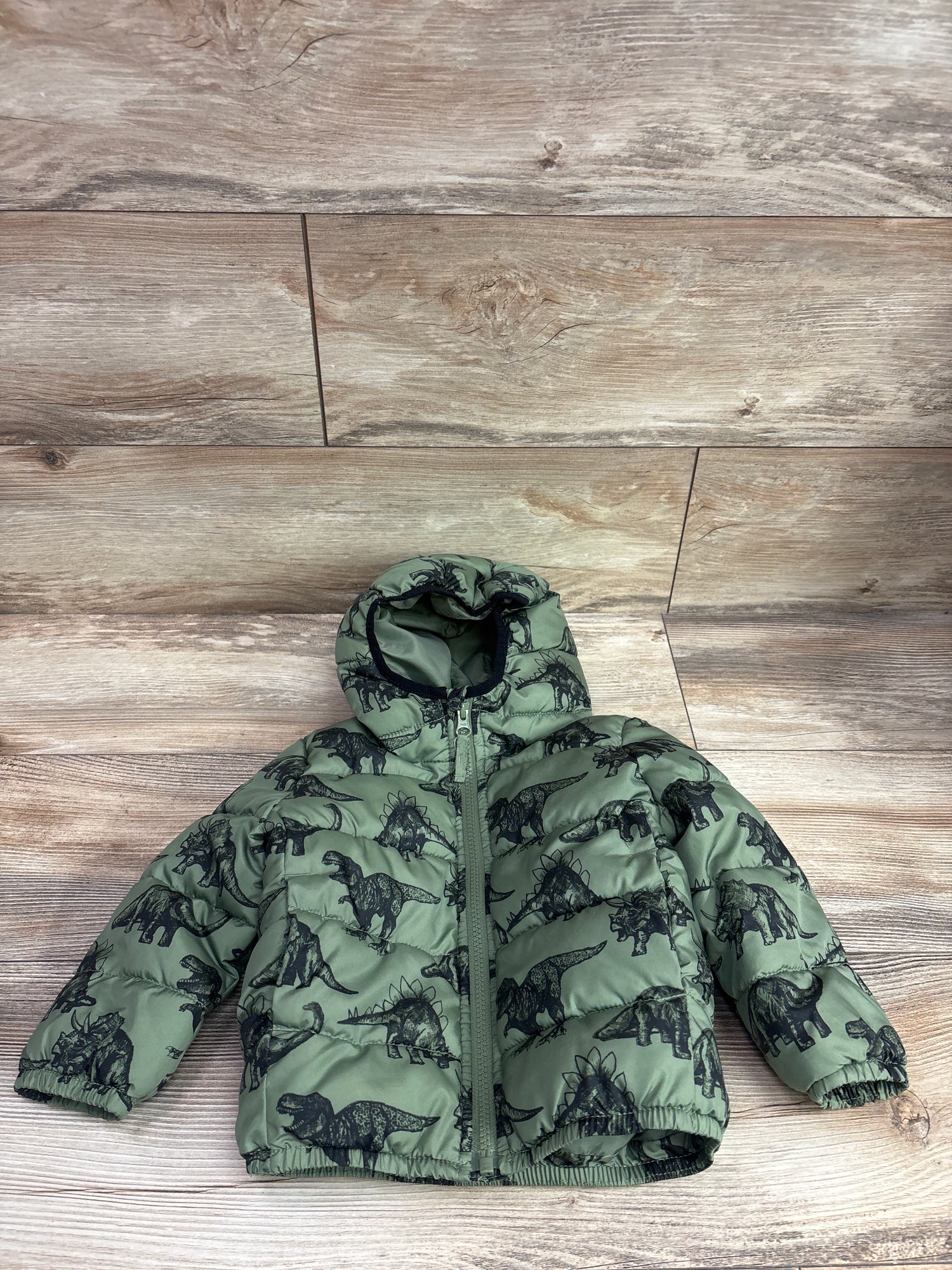 Children's Place Dinosaur Print Puffer Jacket Green sz 18-24m