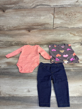 Baby girl outfit set with pink bodysuit, heart print shirt, and denim leggings