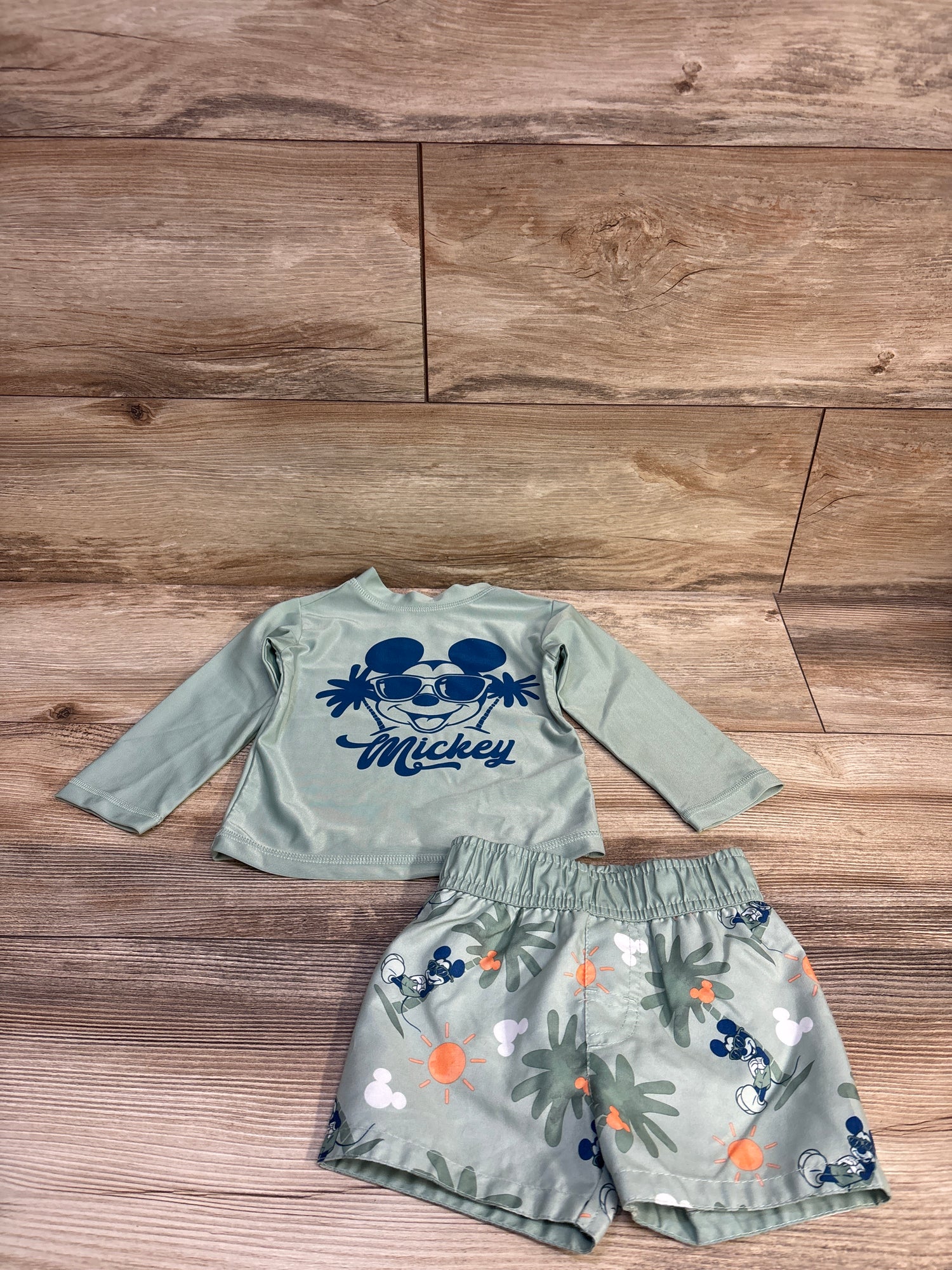 Disney Baby 2pc Mickey Rash Guard & Swim Trunks Set Green sz 12m