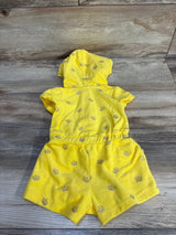 Back flat-lay of yellow Juicy Couture terry shortie romper with hood, short sleeves, elastic waist, and silver crown print