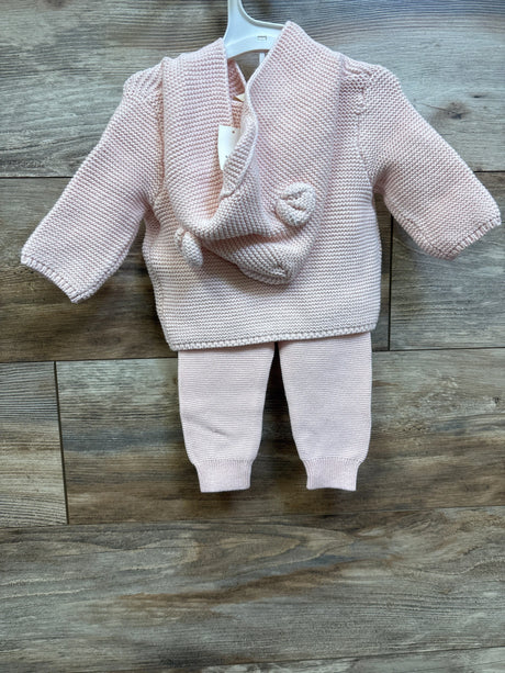 New Baby Gap 2pc pink baby bear sweater outfit set for 0-3m infants on a wooden background