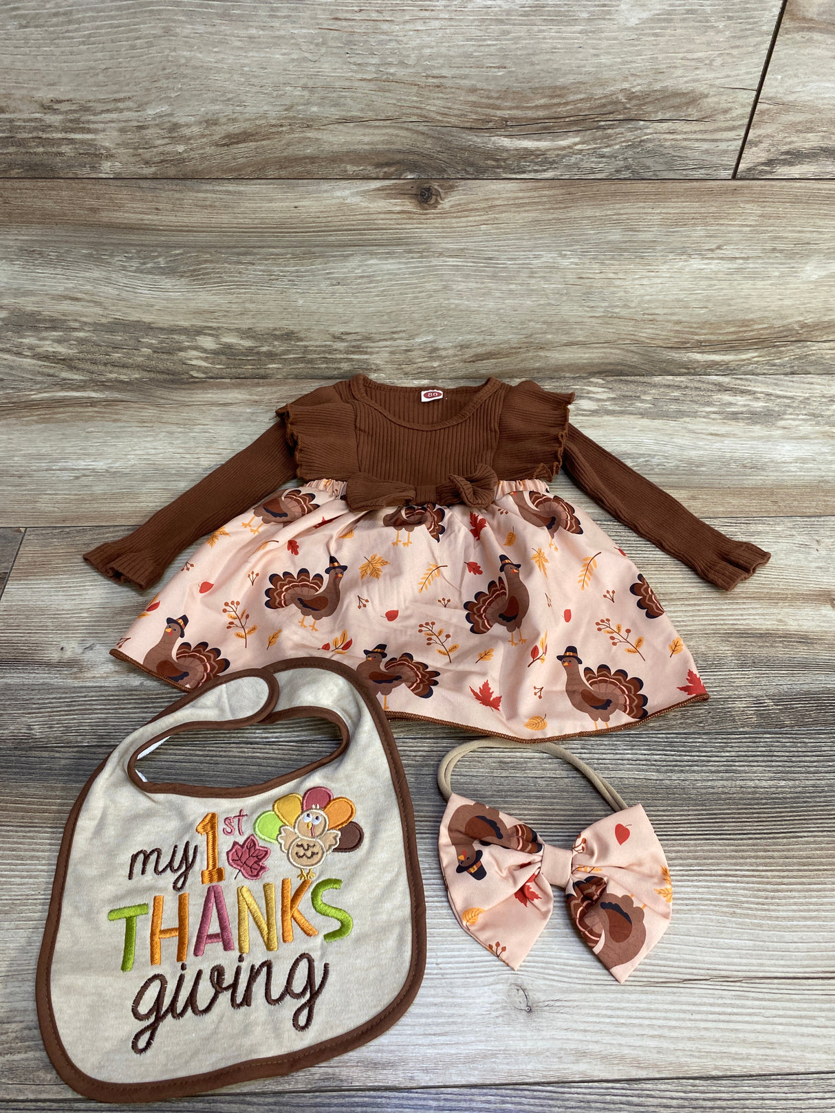 3pc Thanksgiving Romper Dress Set Brown sz 9-12m