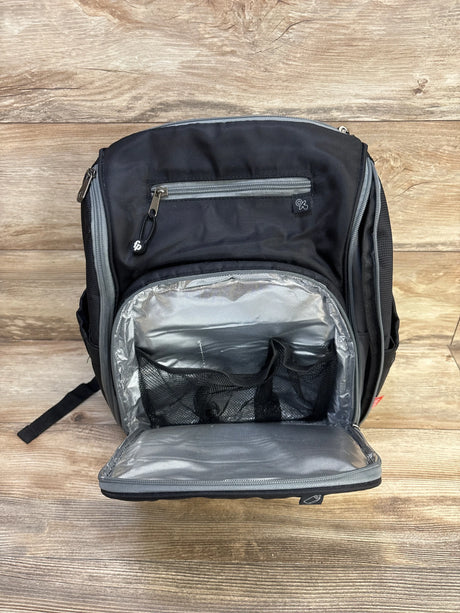 Front view of Fisher Price Kaden FastFinder diaper bag backpack showing open insulated front compartment with mesh pockets on wood floor background