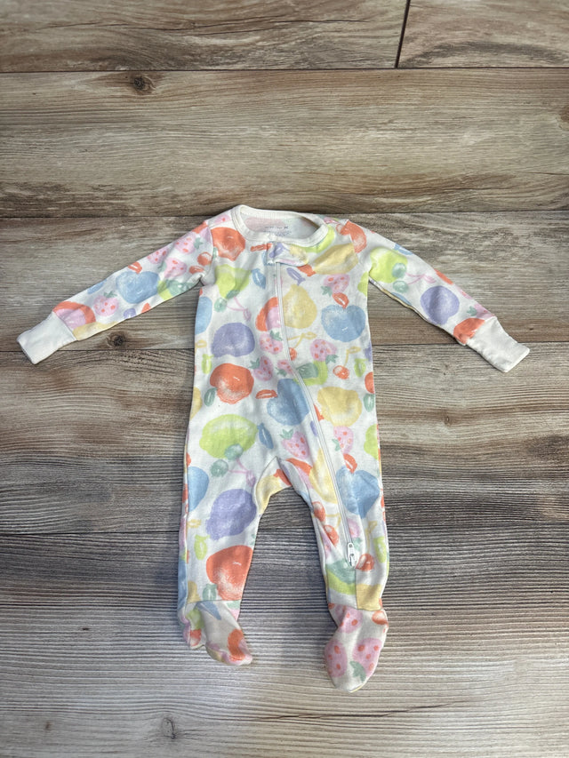 Colorful fruit print baby sleeper with zipper on wood background, long sleeves and footed design