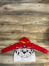 Flat lay of red toddler Paw Patrol Marshall zip-up hoodie size 4T showing large front face print and yellow-lined hood on wood floor