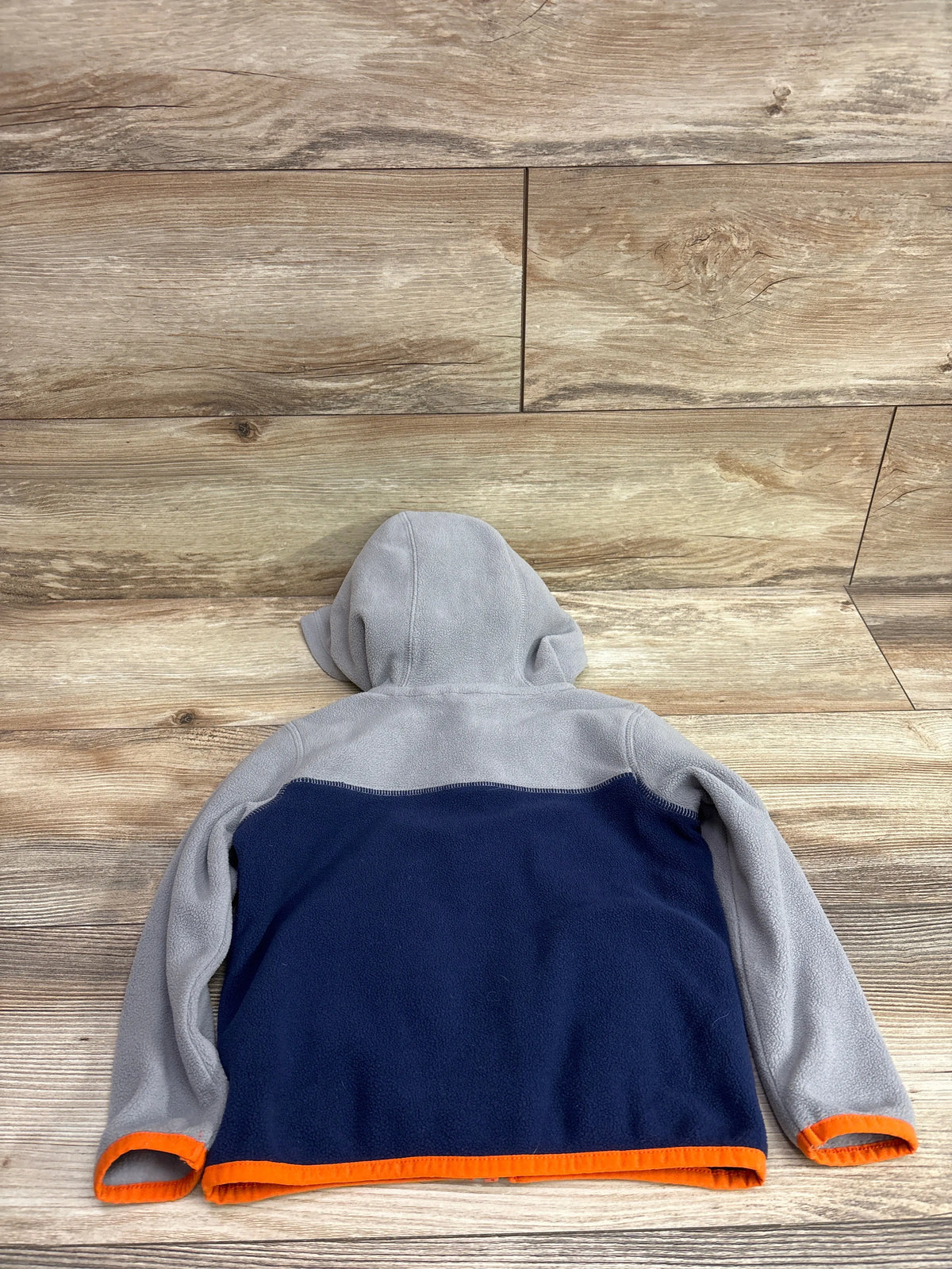 Back view of a grey and navy blue Lands' End full-zip fleece jacket with orange trim, size 3T.