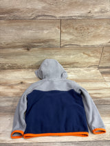 Back view of a grey and navy blue Lands' End full-zip fleece jacket with orange trim, size 3T.