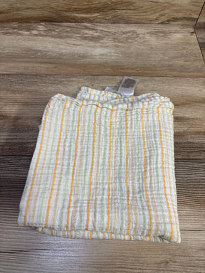 Top view of a folded Little Me striped muslin swaddle blanket with green and yellow stripes on white fabric