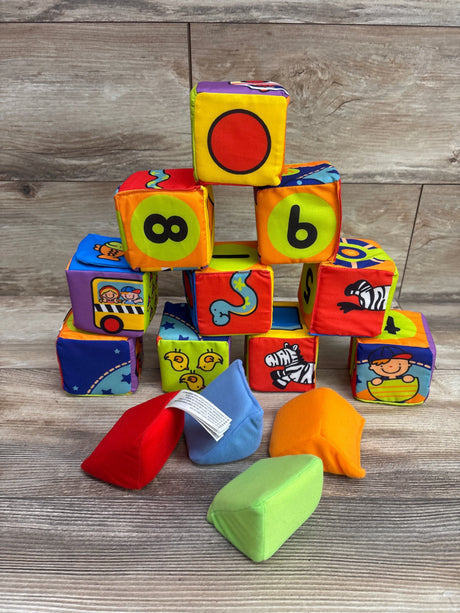 Front view of Melissa and Doug K’s Kids Match and Build Soft Blocks showing colorful numbers and animals on wood grain