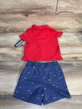 OshKosh baby boys red polo shirt and navy shark print shorts set
