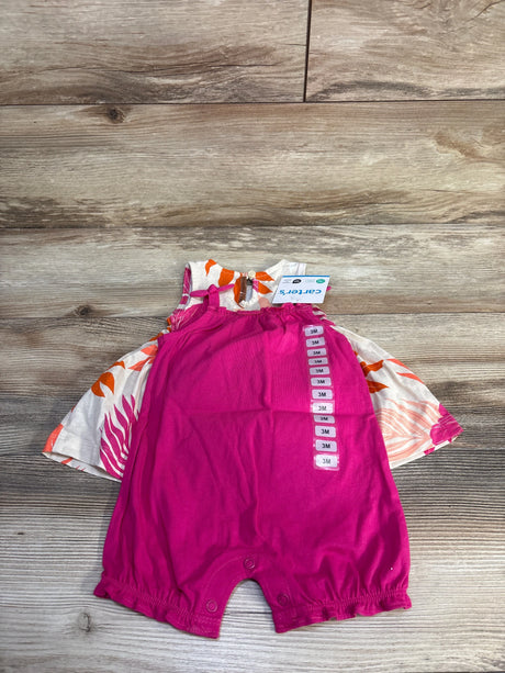 Flat lay of Carter's 3-piece baby dress set (3M) showcasing fuchsia romper over beige floral dress on wood background