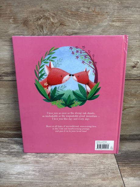 Back cover of The Way I Love You hardcover book showing two foxes nose-to-nose illustration, white blurb text and barcode on wooden surface