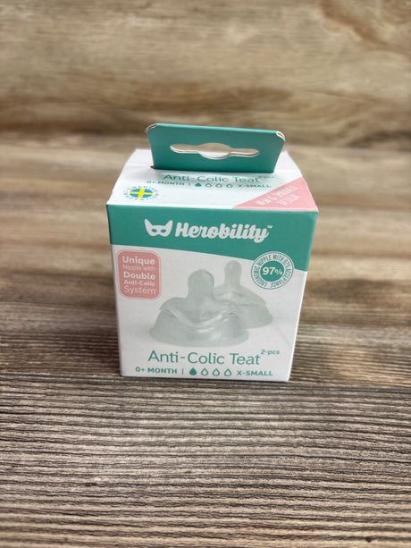 Front view of Herobility 2-pack anti-colic nipples packaging showing extra-small teat flow and double anti-colic system