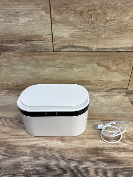 Front view of ZJchao USB baby wipes heater showing rounded white lid, black indicator band and USB cable on wood background