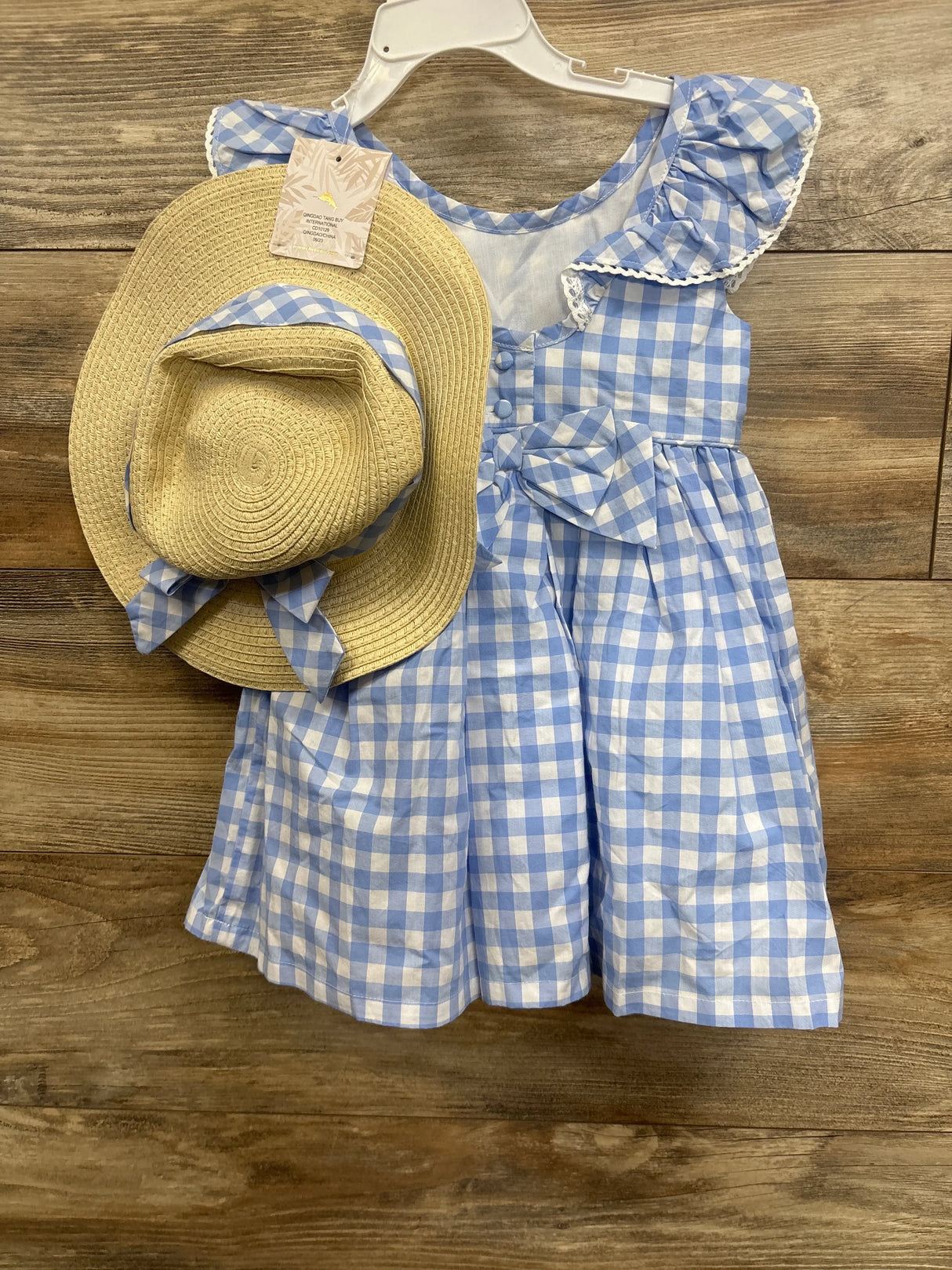 NEW Tommy Bahama 2pc Gingham Dress & Straw Hat Set Blue sz 2T