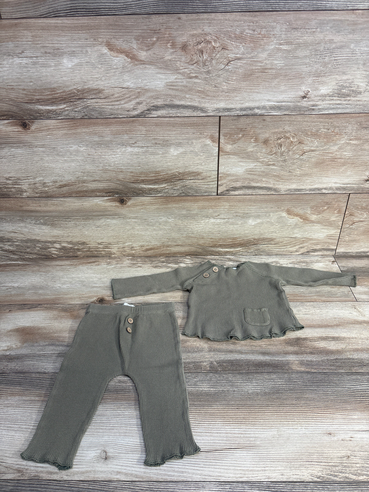 Mudpie Waffle Knit 2pc Long Sleeve Shirt & Pants Green sz 6-9m