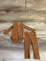 Mebie Baby 2pc Ribbed Henley Bodysuit & Pants Set Brown sz 0-3m