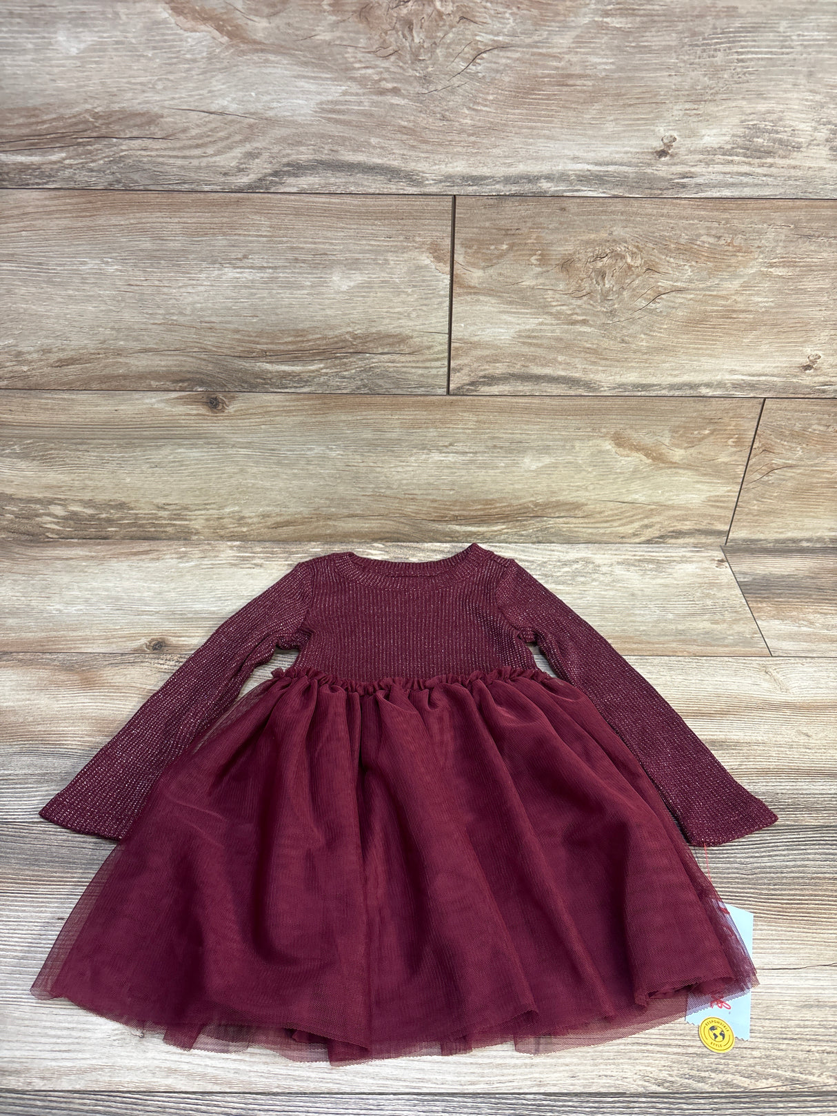 NEW Cat & Jack Long Sleeve Sparkle Ribbed Tulle Dress Burgundy sz 3T