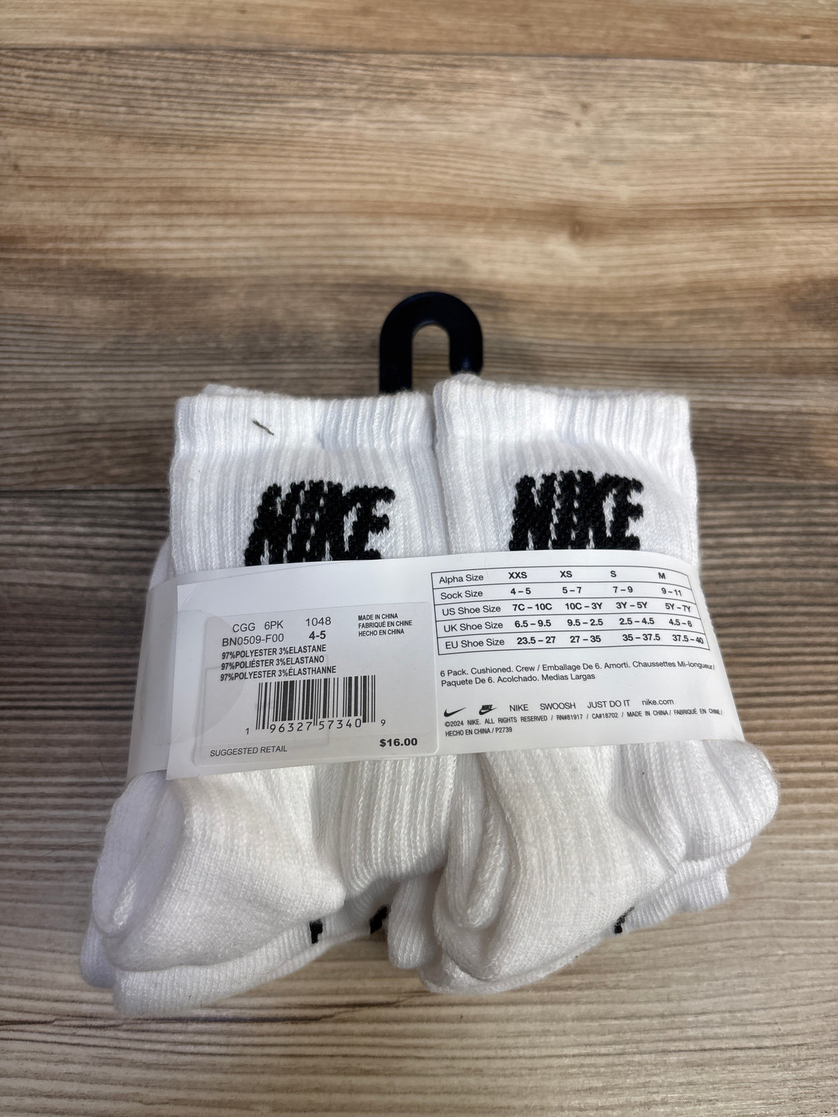 NEW Nike Crew Socks 6pk, White sz 7c-10c