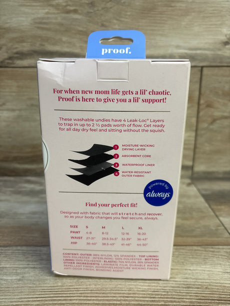 Back of box for NEW Proof reusable postpartum high rise brief showcasing Leak-Loc layer diagram size chart and Always partner badge